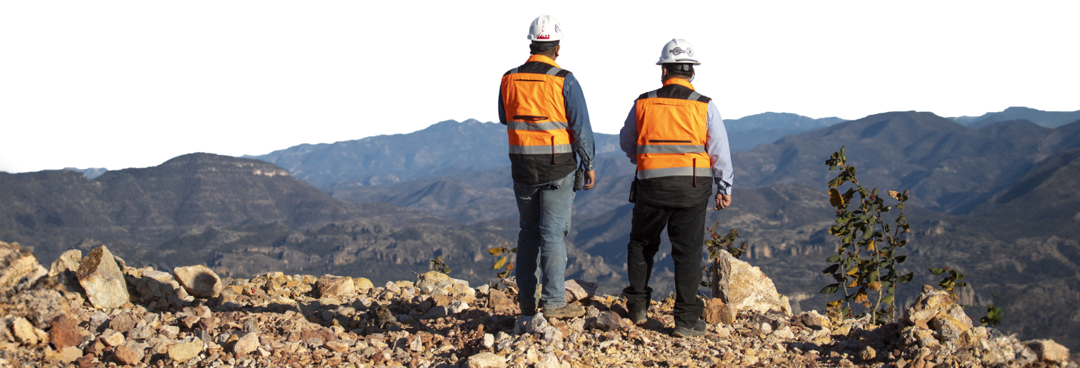 A scenic image of 2 Alamos workers with their backs turned to the camera looking over an Alamos digsite.